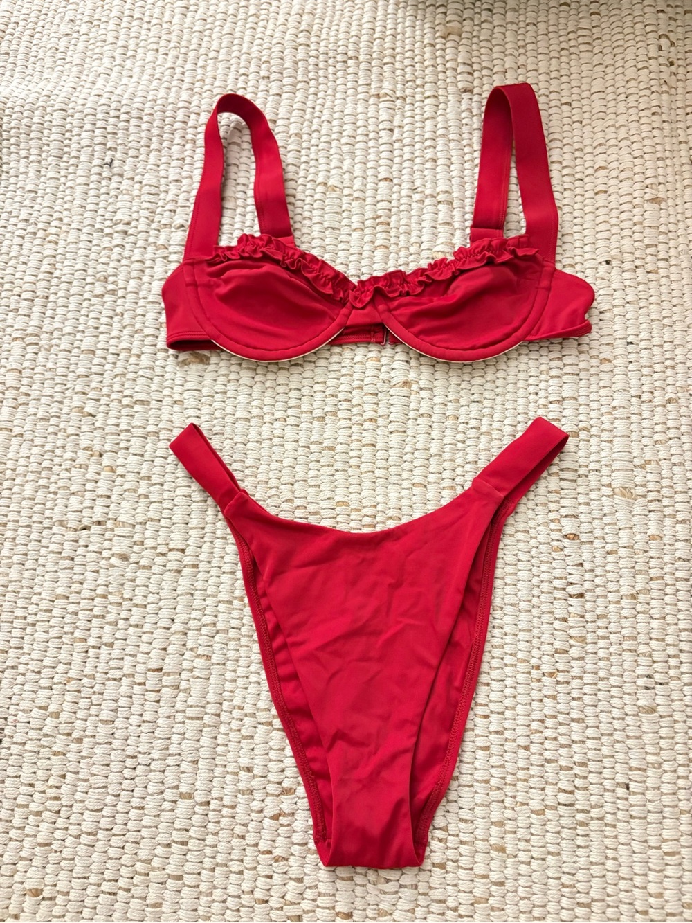 PacSun Red Ruffled Balconette Bra and Matching High-Cut Bottoms